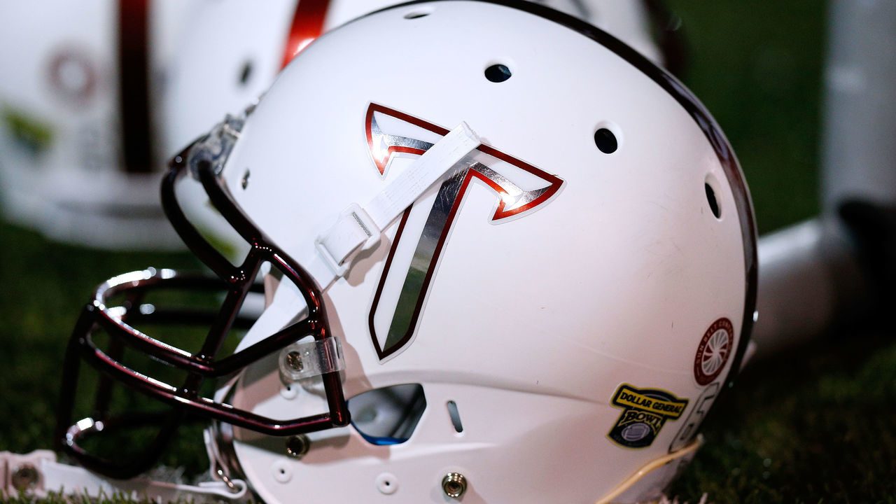 MOBILE, ALABAMA - DECEMBER 22: A Troy Trojans helmet is seen during the Dollar General Bowl against the Buffalo Bulls on December 22, 2018 in Mobile, Alabama.