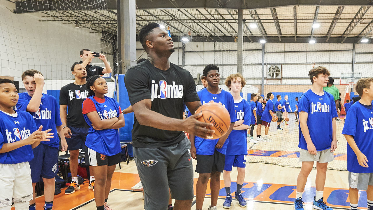 WHIPPANY, NJ - AUGUST 14: Zion Williamson on the New Orleans Pelicans shoots the ball during a Rookie Transition Program Jr. NBA Clinic on August 14, 2019 at Hoop Heaven in Whippany, New Jersey. NOTE TO USER: User expressly acknowledges and agrees that, by downloading and/or using this photograph, User is consenting to the terms and conditions of Getty Images License Agreement. Mandatory Copyright Notice: Copyright 2019 NBAE