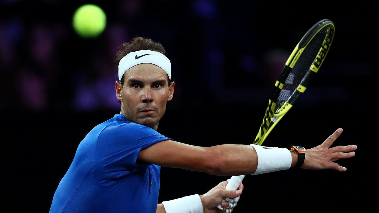 GENEVA, SWITZERLAND - SEPTEMBER 21: Rafael Nadal of Team Europe plays a forehand in his singles match against Milos Raonic of Team World during Day Two of the Laver Cup 2019 at Palexpo on September 21, 2019 in Geneva, Switzerland. The Laver Cup will see six players from the rest of the World competing against their counterparts from Europe. Team World is captained by John McEnroe and Team Europe is captained by Bjorn Borg. The tournament runs from September 20-22.