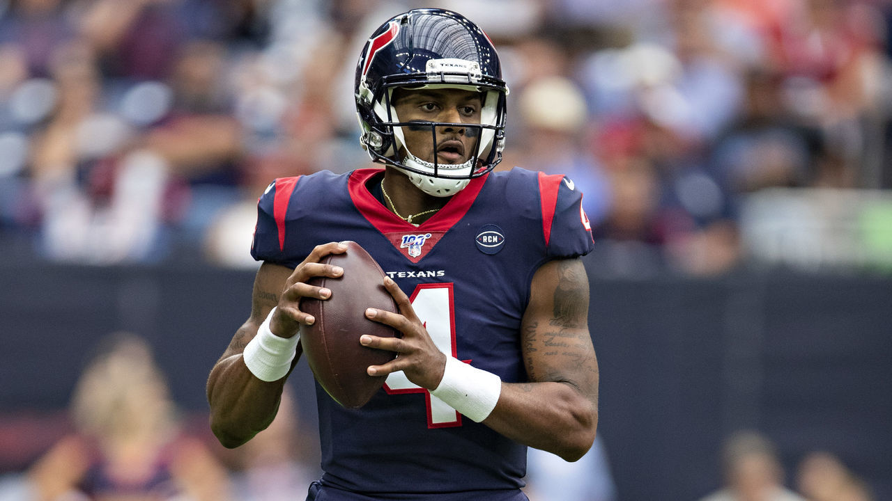 HOUSTON, TX - SEPTEMBER 29: Deshaun Watson #4 of the Houston Texans drops back to pass during a game against the Carolina Panthers at NRG Stadium on September 29, 2019 in Houston, Texas. The Panthers defeated the Texans 16-10.