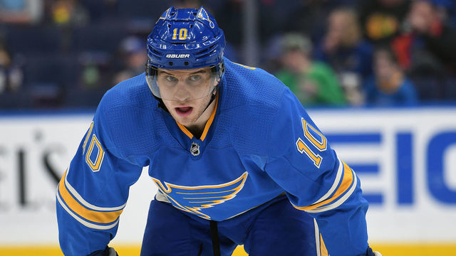 ST. LOUIS, MO - APRIL 06: St. Louis Blues center Brayden Schenn (10) gets ready to take a face off during a NHL game between the Vancouver Canucks and the St. Louis Blues on April 06, 2019, at Enterprise Center, St. Louis, Mo.