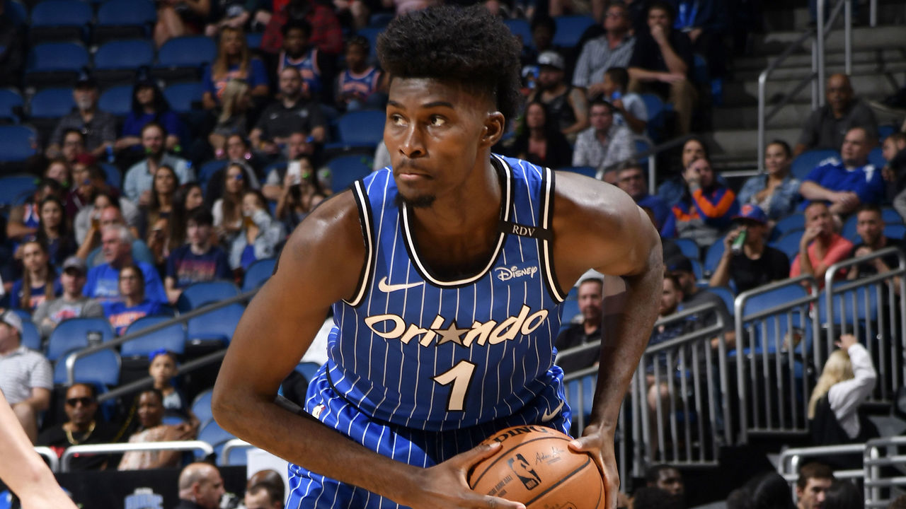ORLANDO, FL - APRIL 3: Jonathan Isaac #1 of the Orlando Magic handles the ball against the New York Knicks on April 3, 2019 at Amway Center in Orlando, Florida. Mandatory Copyright Notice: Copyright 2019 NBAE