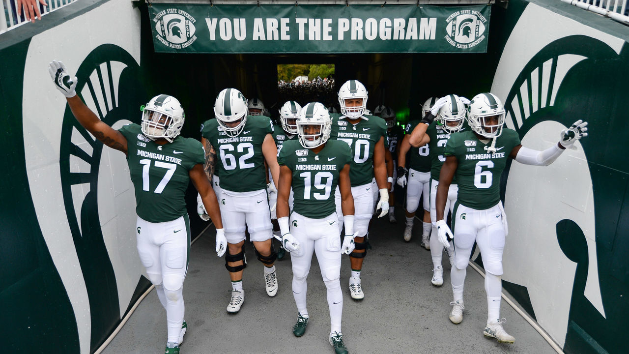 EAST LANSING, MI - SEPTEMBER 28: Members of the Spartan football team take the field prior to a college football game between the Michigan State Spartans and Indiana Hoosiers on September 28, 2019 at Spartan Stadium in East Lansing, MI.