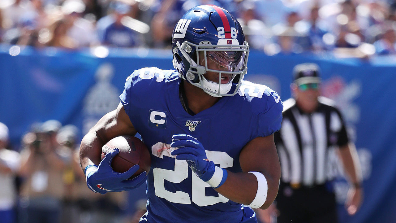 EAST RUTHERFORD, NEW JERSEY - SEPTEMBER 15: Saquon Barkley #26 of the New York Giants in action against the Buffalo Bills during their game at MetLife Stadium on September 15, 2019 in East Rutherford, New Jersey.