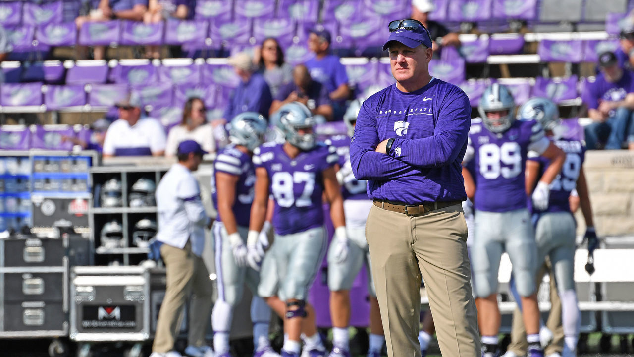 MANHATTAN, KS - SEPTEMBER 07: Head coach Chris Klieman of the Kansas State Wildcats looks on during pre-game warm ups, prior to a game against the Bowling Green Falcons at Bill Snyder Family Football Stadium on September 7, 2019 in Manhattan, Kansas.