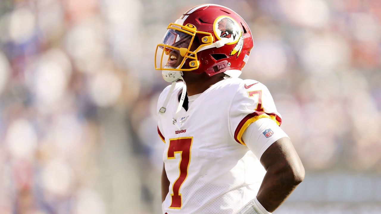 EAST RUTHERFORD, NEW JERSEY - SEPTEMBER 29: Dwayne Haskins Jr. #7 of the Washington Redskins walks on the field in the fourth quarter against the New York Giants at MetLife Stadium on September 29, 2019 in East Rutherford, New Jersey.