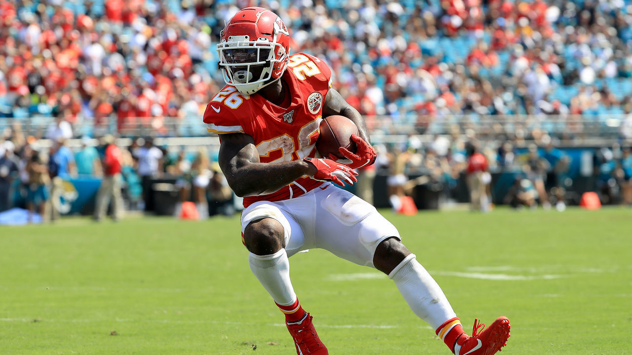 JACKSONVILLE, FLORIDA - SEPTEMBER 08: Damien Williams #26 of the Kansas City Chiefs rushes for yardage during the game against the Jacksonville Jaguars at TIAA Bank Field on September 08, 2019 in Jacksonville, Florida.