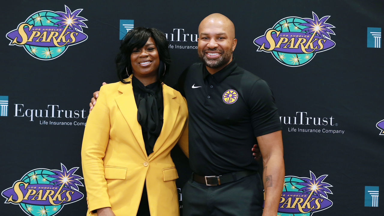 LOS ANGELES, CALIFORNIA - MAY 14: General Manager Penny Toler and Head Coach Derek Fisher of the Los Angeles Sparks attend Los Angeles Sparks Media Day at Los Angeles Southwest College on May 14, 2019 in Los Angeles, California. NOTE TO USER: User expressly acknowledges and agrees that, by downloading and/or using this Photograph, user is consenting to the terms and conditions of Getty Images License Agreement.