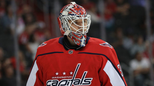 WASHINGTON, DC - SEPTEMBER 18: Goalie Ilya Samsonov #30 of the Washington Capitals tends the net against the Boston Bruins during the third period of a preseason NHL game at Capital One Arena on September 18, 2018 in Washington, DC.
