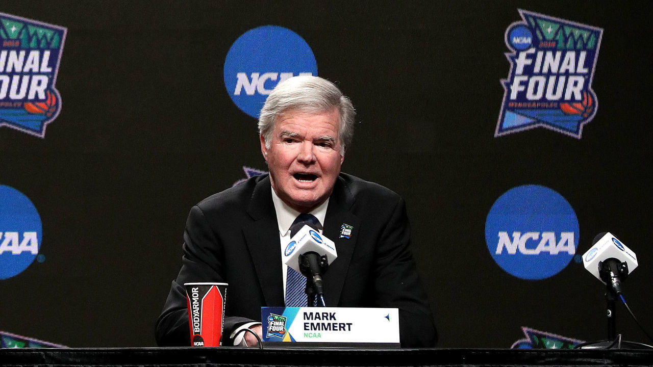 MINNEAPOLIS, MINNESOTA - APRIL 04: (L-R) Senior Vice President of Basketball for the NCAA Dan Gavitt and NCAA President Mark Emmert speak to the media ahead of the Men's Final Four at U.S. Bank Stadium on April 04, 2019 in Minneapolis, Minnesota.