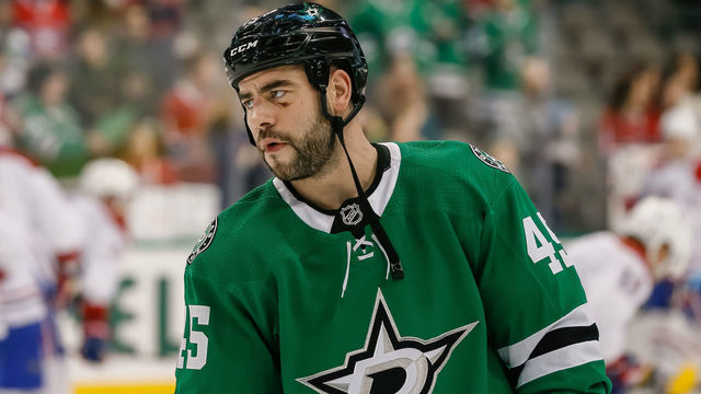 DALLAS, TX - DECEMBER 31: Dallas Stars defenseman Roman Polak (45) skates in warm-ups prior to the game between the Dallas Stars and the Montreal Canadiens on December 31, 2018 at the American Airlines Center in Dallas, Texas.