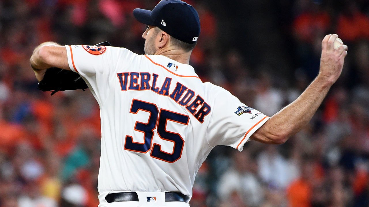 HOUSTON, TX - OCTOBER 04: Justin Verlander #35 of the Houston Astros pitches in the first inning during the ALDS Game 1 between the Tampa Bay Rays and the Houston Astros at Minute Maid Park on Friday, October 4, 2019 in Houston, Texas.