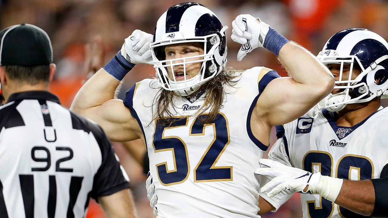 CLEVELAND, OH - SEPTEMBER 22: Clay Matthews #52 of the Los Angeles Rams celebrates after sacking Baker Mayfield #6 of the Cleveland Browns during the fourth quarter at FirstEnergy Stadium on September 22, 2019 in Cleveland, Ohio. Los Angeles defeated Cleveland 20-13.