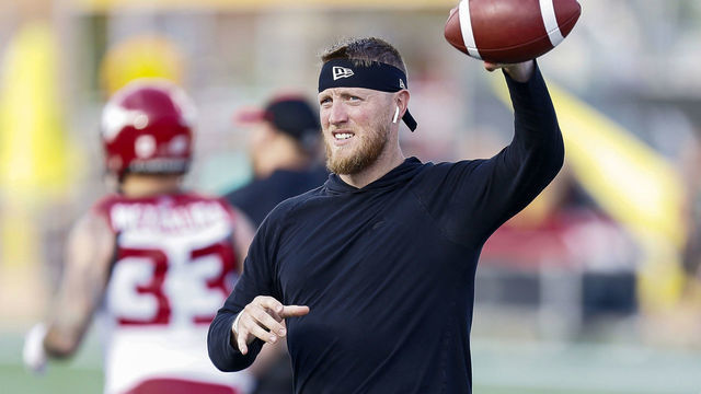 HAMILTON, ON - JULY 13: Bo Levi Mitchell #19 of the Calgary Stampeders warms up prior to a game against the Hamilton Tiger-Cats at Tim Hortons Field on July 13, 2019 in Hamilton, Canada. Hamilton defeated Calgary 30-23.