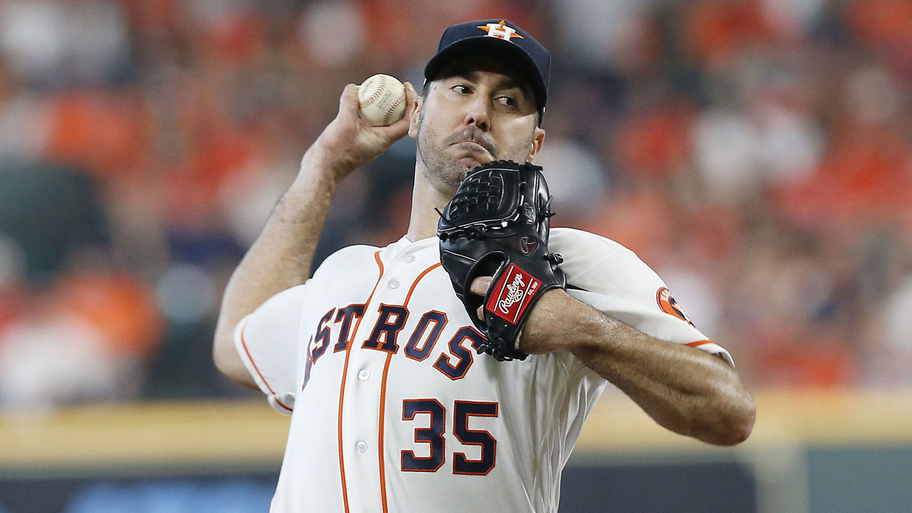 HOUSTON, TEXAS - OCTOBER 04: Justin Verlander #35 of the Houston Astros delivers a pitch against the Tampa Bay Rays during the second inning in game one of the American League Division Series at Minute Maid Park on October 04, 2019 in Houston, Texas.