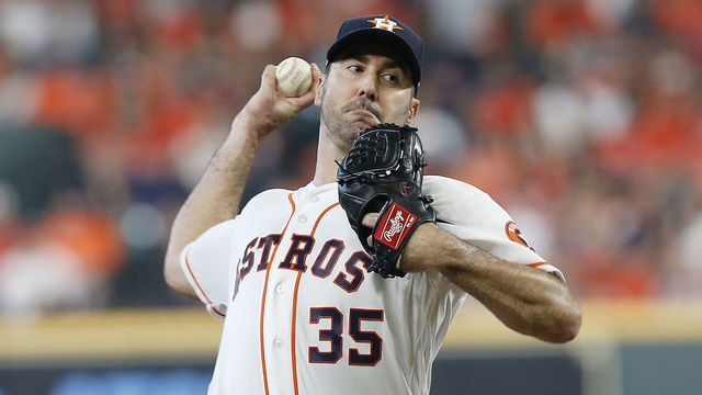 HOUSTON, TEXAS - OCTOBER 04: Justin Verlander #35 of the Houston Astros delivers a pitch against the Tampa Bay Rays during the second inning in game one of the American League Division Series at Minute Maid Park on October 04, 2019 in Houston, Texas.