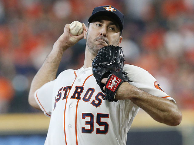 HOUSTON, TEXAS - OCTOBER 04: Justin Verlander #35 of the Houston Astros delivers a pitch against the Tampa Bay Rays during the second inning in game one of the American League Division Series at Minute Maid Park on October 04, 2019 in Houston, Texas.