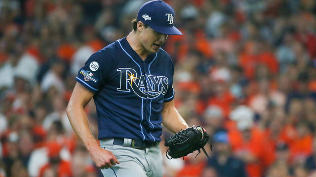 HOUSTON, TX - OCTOBER 04: Tampa Bay Rays starting pitcher Tyler Glasnow (20) celebrates after striking out Houston Astros first baseman Yuli Gurriel (10) in the bottom of the third inning during the ALDS Game 1 between the Tampa Bay Rays and Houston Astros on October 4, 2019 at Minute Maid Park in Houston, Texas.