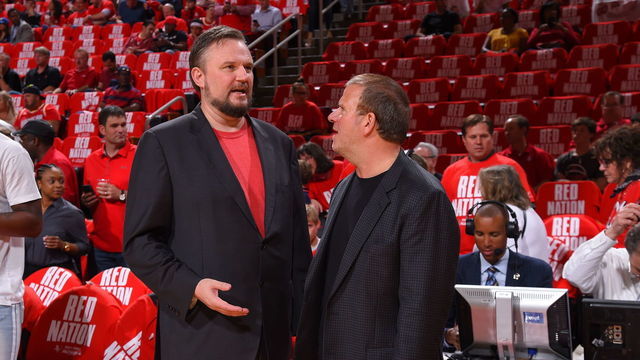 HOUSTON, TX - MAY 6: Houston Rockets General Manager Daryl Morey and Houston Rockets owner Tilman Fertitta speak during Game Four of the Western Conference Semifinals of the 2019 NBA Playoffs on May 6, 2019 at the Toyota Center in Houston, Texas. NOTE TO USER: User expressly acknowledges and agrees that, by downloading and/or using this photograph, user is consenting to the terms and conditions of the Getty Images License Agreement. Mandatory Copyright Notice: Copyright 2019 NBAE
