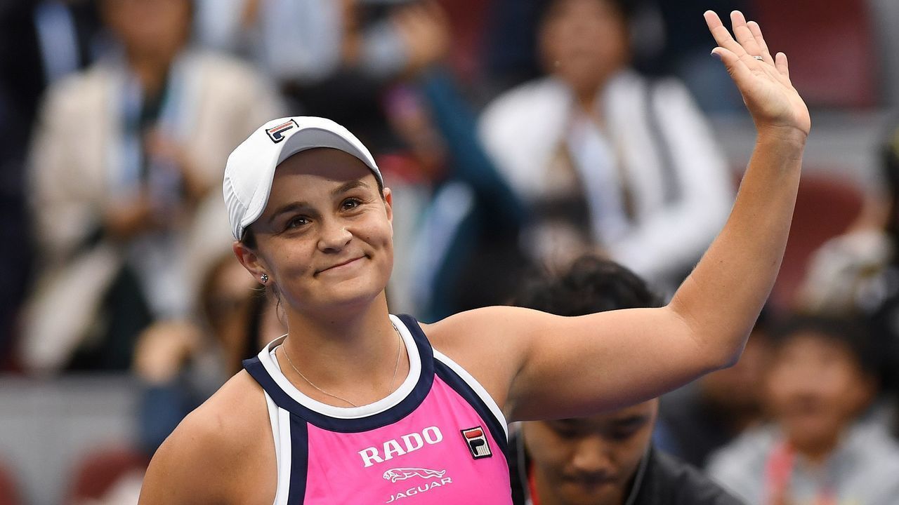 Ashleigh Barty of Australia celebrates after winning her women's singles semi-final match against Kiki Bertens of the Netherlands at the China Open tennis tournament in Beijing on October 5, 2019.