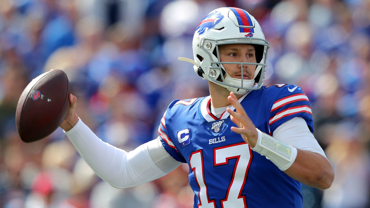 ORCHARD PARK, NY - SEPTEMBER 29: Josh Allen #17 of the Buffalo Bills throws a pass during the first half against the New England Patriots at New Era Field on September 29, 2019 in Orchard Park, New York. Patriots beat the Bills 16 to 10.