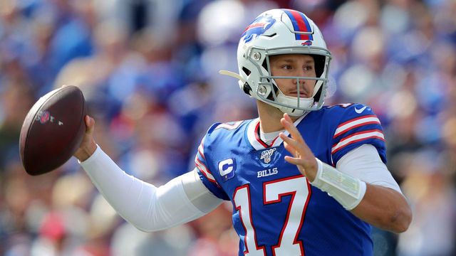 ORCHARD PARK, NY - SEPTEMBER 29: Josh Allen #17 of the Buffalo Bills throws a pass during the first half against the New England Patriots at New Era Field on September 29, 2019 in Orchard Park, New York. Patriots beat the Bills 16 to 10.