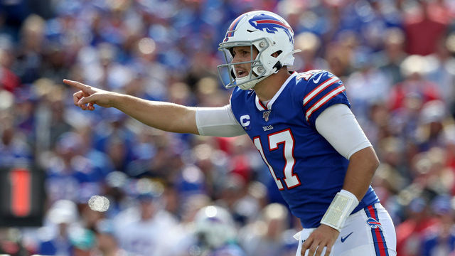 ORCHARD PARK, NEW YORK - SEPTEMBER 29: Josh Allen #17 of the Buffalo Bills signals during the second quarter of a game against the New England Patriots at New Era Field on September 29, 2019 in Orchard Park, New York.