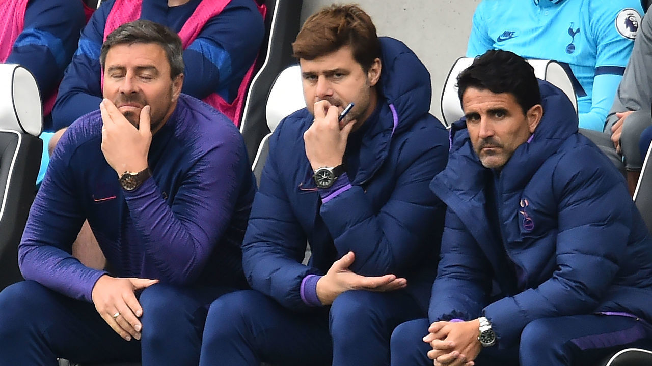 Tottenham Hotspur's Argentinian head coach Mauricio Pochettino (C) looks on during the English Premier League football match between Brighton and Tottenham Hotspur at the American Express Community Stadium in Brighton, southern England on October 5, 2019.