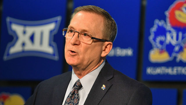 LAWRENCE, KANSAS - FEBRUARY 02: Jeff Long Kansas Jayhawks Director of Athletics talks to the media prior to a game against the Texas Tech Red Raiders as he addresses the suspension of Silvio De Sousa #22 of the Kansas Jayhawks by the NCAA at Allen Fieldhouse on February 02, 2019 in Lawrence, Kansas.