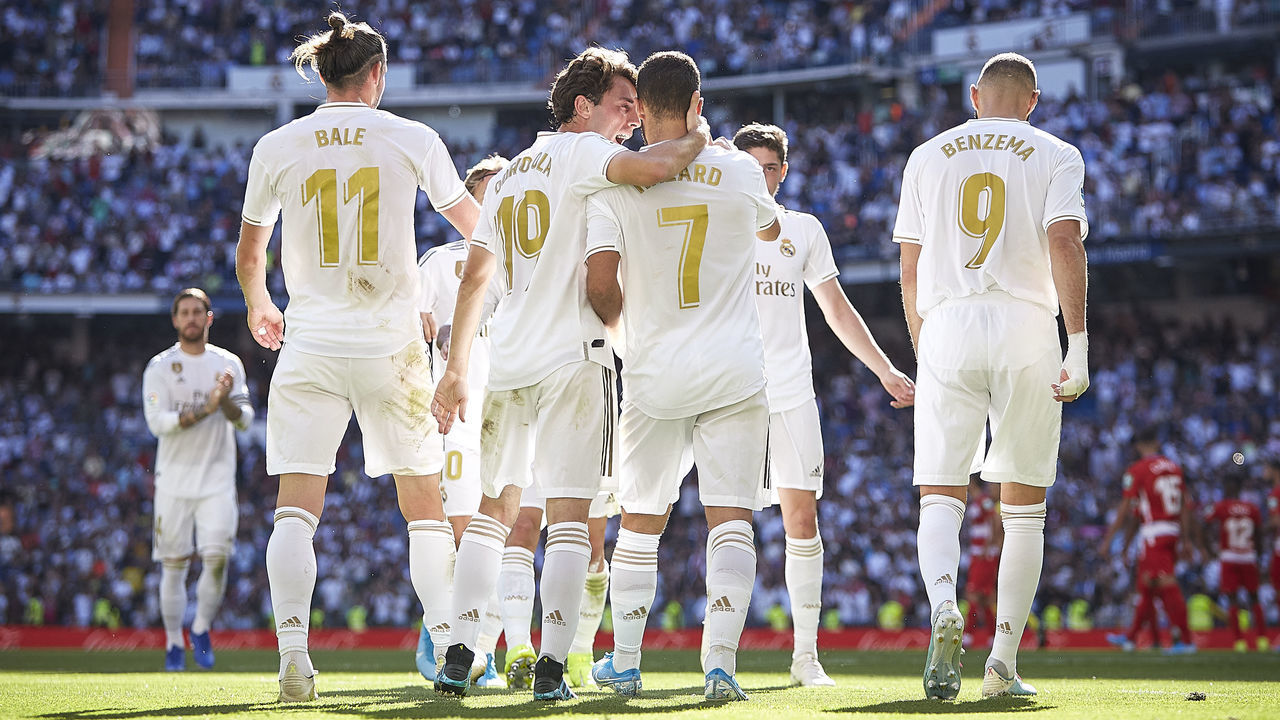 MADRID, SPAIN - OCTOBER 05: Eden Hazard of Real Madrid celebrates scoring his team's second goal with team mates during the Liga match between Real Madrid CF and Granada CF at Estadio Santiago Bernabeu on October 05, 2019 in Madrid, Spain.