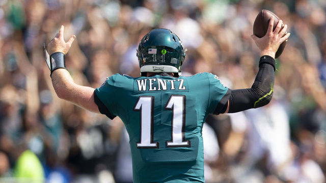 PHILADELPHIA, PA - SEPTEMBER 22: Carson Wentz #11 of the Philadelphia Eagles reacts against the Detroit Lions at Lincoln Financial Field on September 22, 2019 in Philadelphia, Pennsylvania.