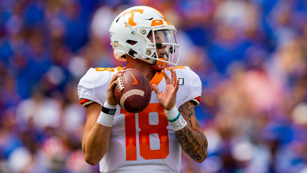 GAINESVILLE, FL- SEPTEMBER 21: Brian Maurer #18 of the Tennessee Volunteers looks to pass during the game against the Florida Gators at Ben Hill Griffin Stadium on September 21, 2019 in Gainesville, Florida.