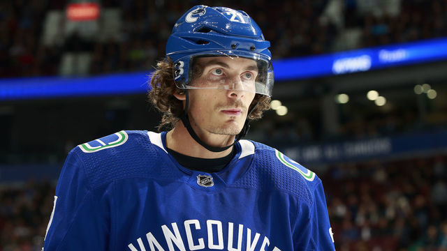 VANCOUVER, BC - OCTOBER 12: Loui Eriksson #21 of the Vancouver Canucks looks on from the bench during their NHL game against the Winnipeg Jets at Rogers Arena October 12, 2017 in Vancouver, British Columbia, Canada. "n
