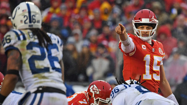 KANSAS CITY, MO - JANUARY 12: Quarterback Patrick Mahomes #15 of the Kansas City Chiefs calls out a play at the line against the Indianapolis Colts during the first half of the AFC Divisional Round playoff game at Arrowhead Stadium on January 12, 2019 in Kansas City, Missouri.