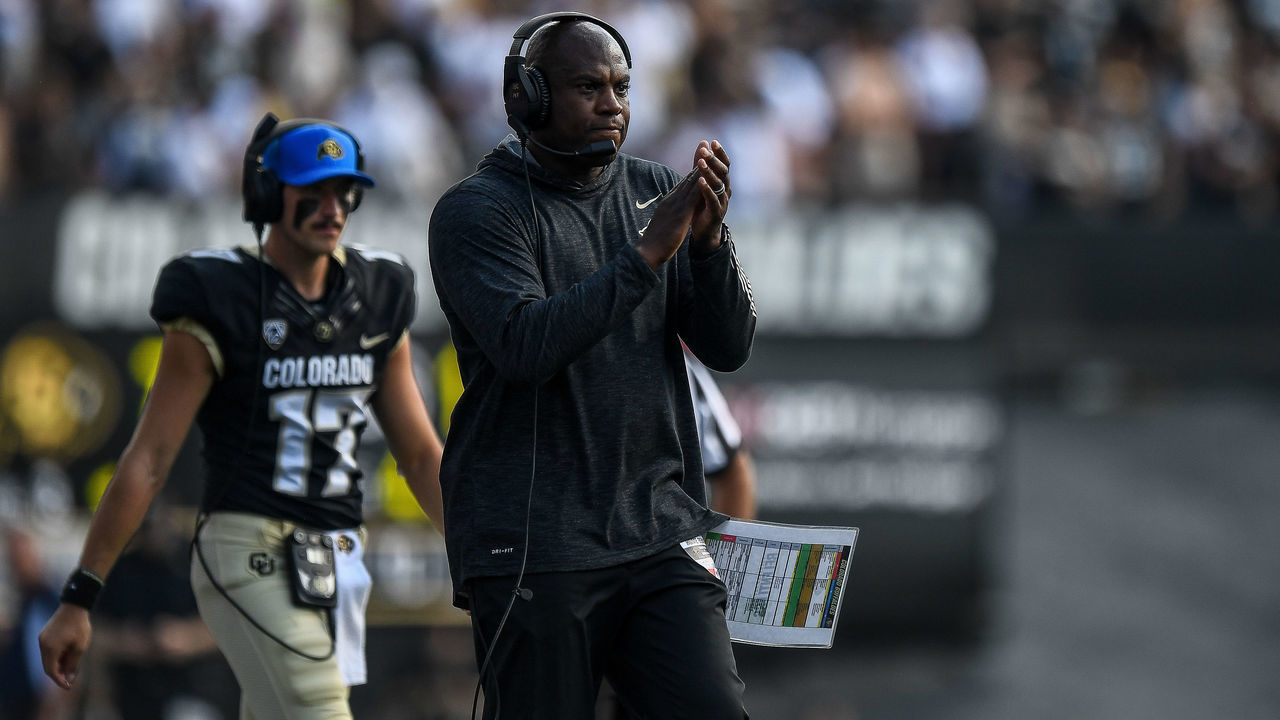BOULDER, CO - SEPTEMBER 7: Head coach Mel Tucker of the Colorado Buffaloes works during a timeout during a game against the Nebraska Cornhuskers at Folsom Field on September 7, 2019 in Boulder, Colorado.