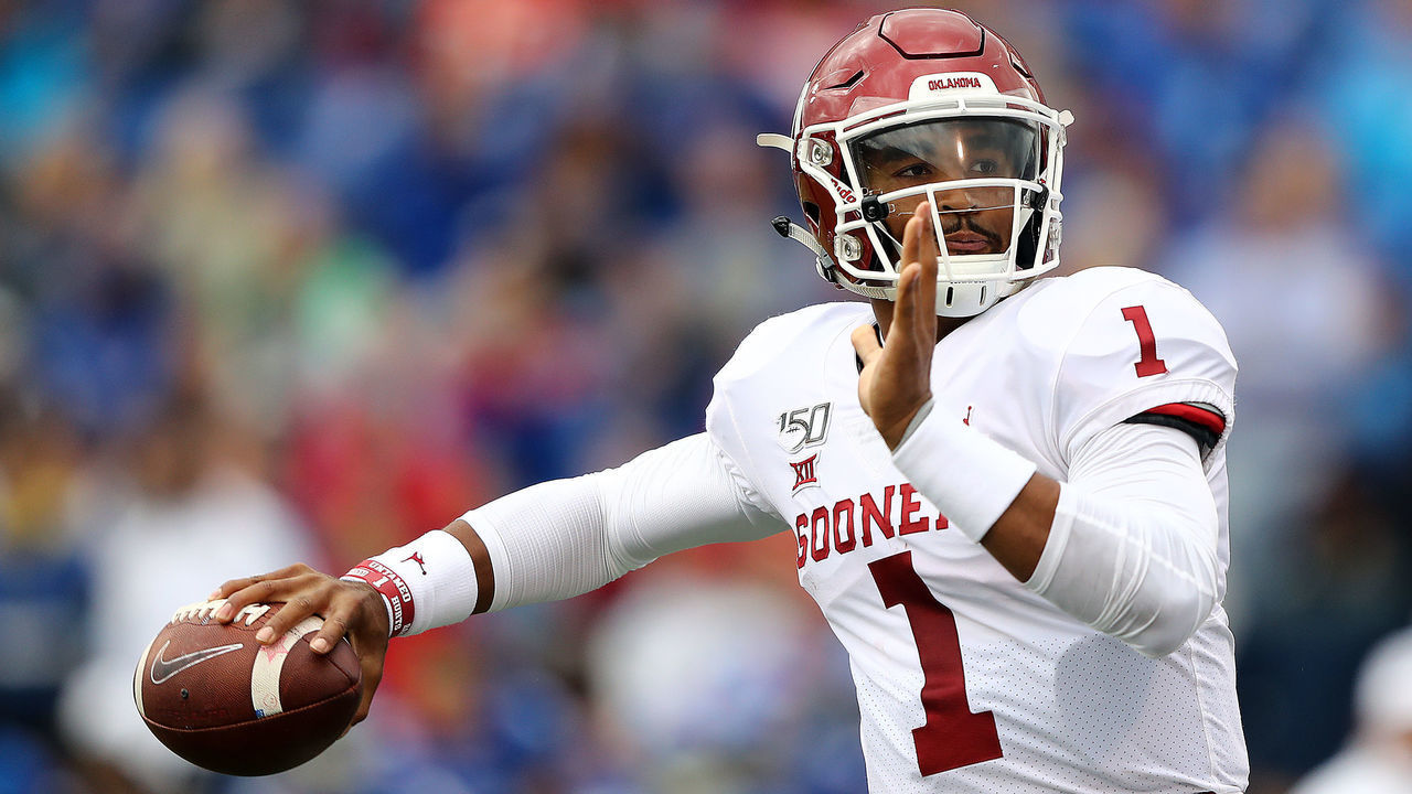 LAWRENCE, KANSAS - OCTOBER 05: Quarterback Jalen Hurts #1 of the Oklahoma Sooners passes during the game against the Kansas Jayhawks at Memorial Stadium on October 05, 2019 in Lawrence, Kansas.