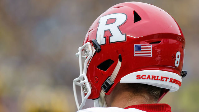ANN ARBOR, MI - SEPTEMBER 28: A general view of the football helmet worn by Rutgers quarterback Art Sitkowski is seen during a Big 10 conference game between the Rutgers Scarlet Knights and the Michigan Wolverines on September 28, 2019 at Michigan Stadium in Ann Arbor, Michigan.