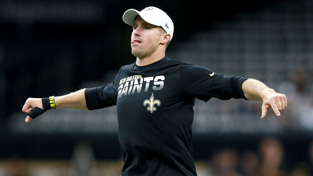 NEW ORLEANS, LOUISIANA - SEPTEMBER 29: Drew Brees #9 of the New Orleans Saints works out prior to the start of a NFL game against the Dallas Cowboys at the Mercedes Benz Superdome on September 29, 2019 in New Orleans, Louisiana.