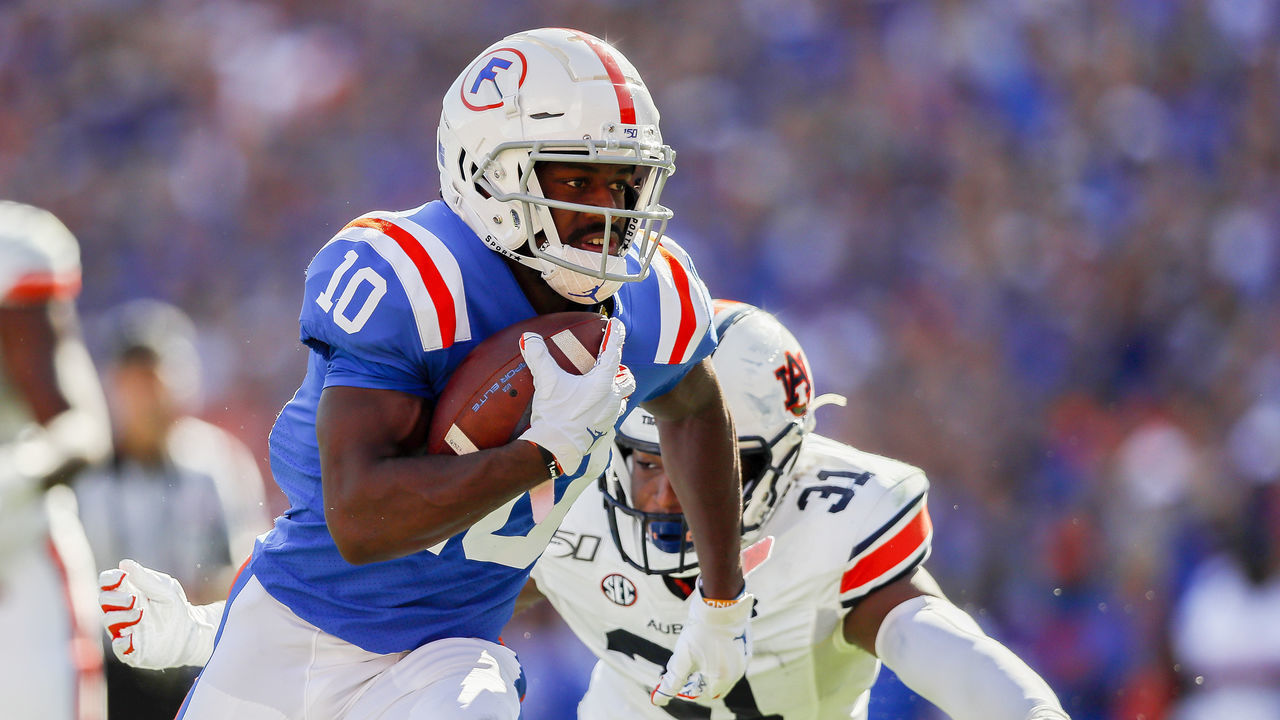 GAINESVILLE, FLORIDA - OCTOBER 05: Josh Hammond #10 of the Florida Gators scores a touchdown during the second quarter of a game against the Auburn Tigers at Ben Hill Griffin Stadium on October 05, 2019 in Gainesville, Florida.