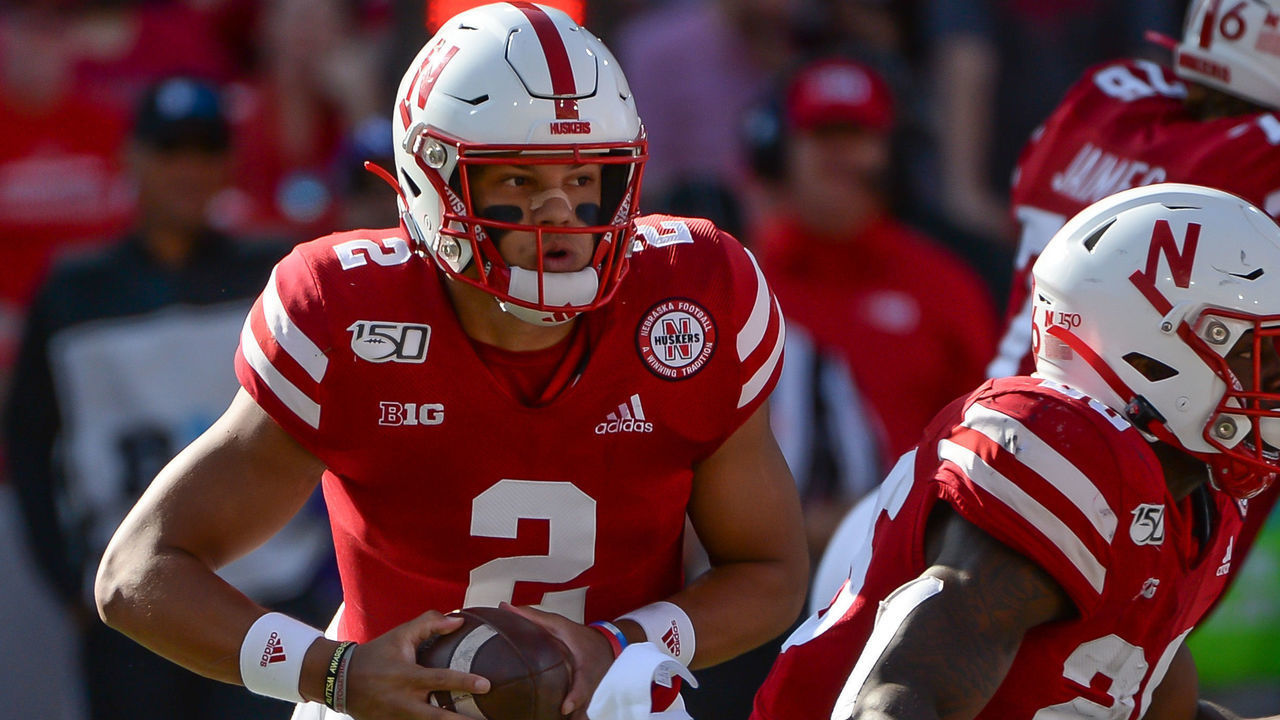 LINCOLN, NE - OCTOBER 5: Quarterback Adrian Martinez #2 of the Nebraska Cornhuskers looks to pass as running back Dedrick Mills #26 blocks against the Northwestern Wildcats at Memorial Stadium on October 5, 2019 in Lincoln, Nebraska.