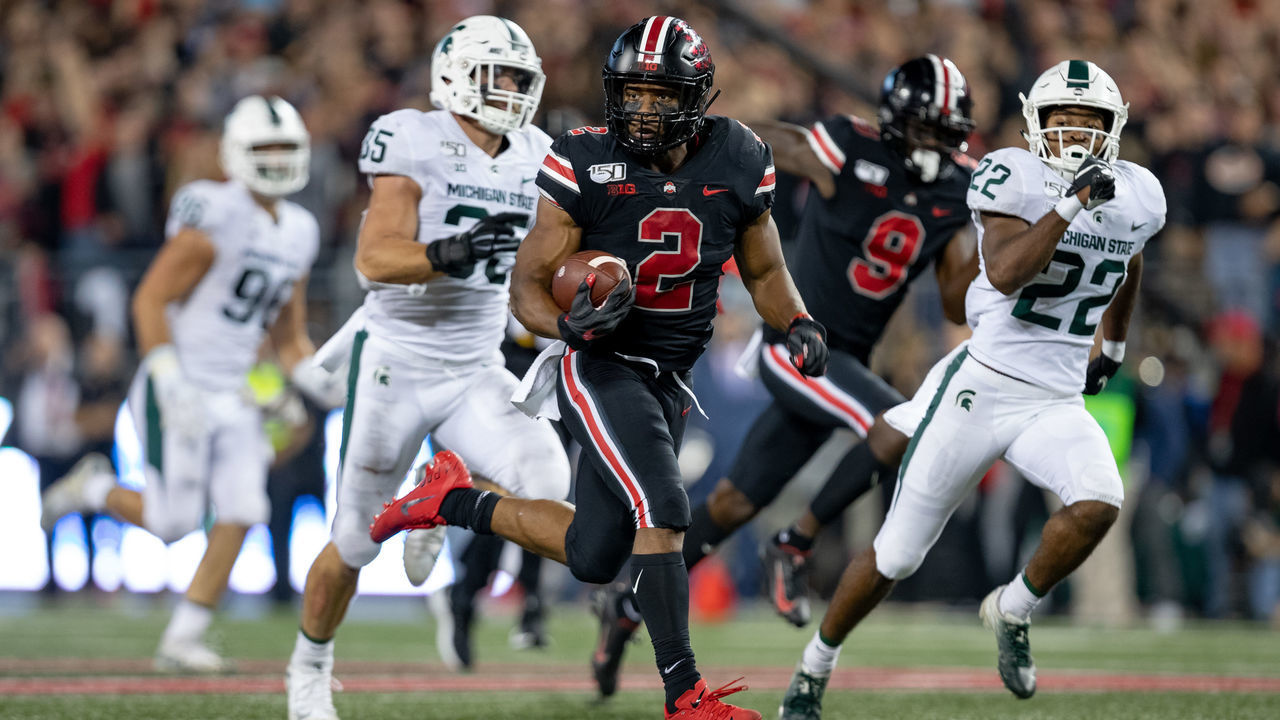 COLUMBUS, OH - OCTOBER 05: J.K. Dobbins #2 of the Ohio State Buckeyes runs the ball during game action between the Ohio State Buckeyes and the Michigan State Spartans on October 05, 2019, at Ohio Stadium in Columbus, OH.