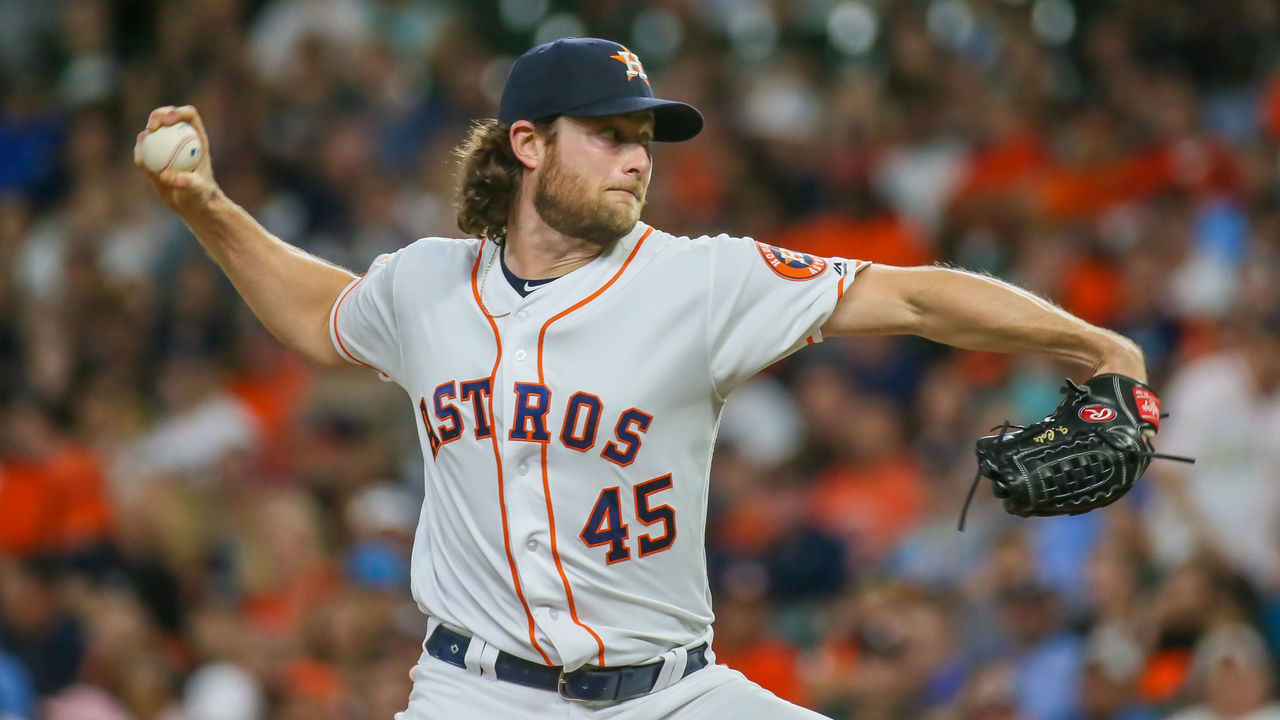 HOUSTON, TX - JUNE 25: Houston Astros starting pitcher Gerrit Cole (45) prepares to throw a pitch during the baseball game between the Pittsburgh Pirates and Houston Astros on June 25, 2019 at Minute Maid Park in Houston, Texas.