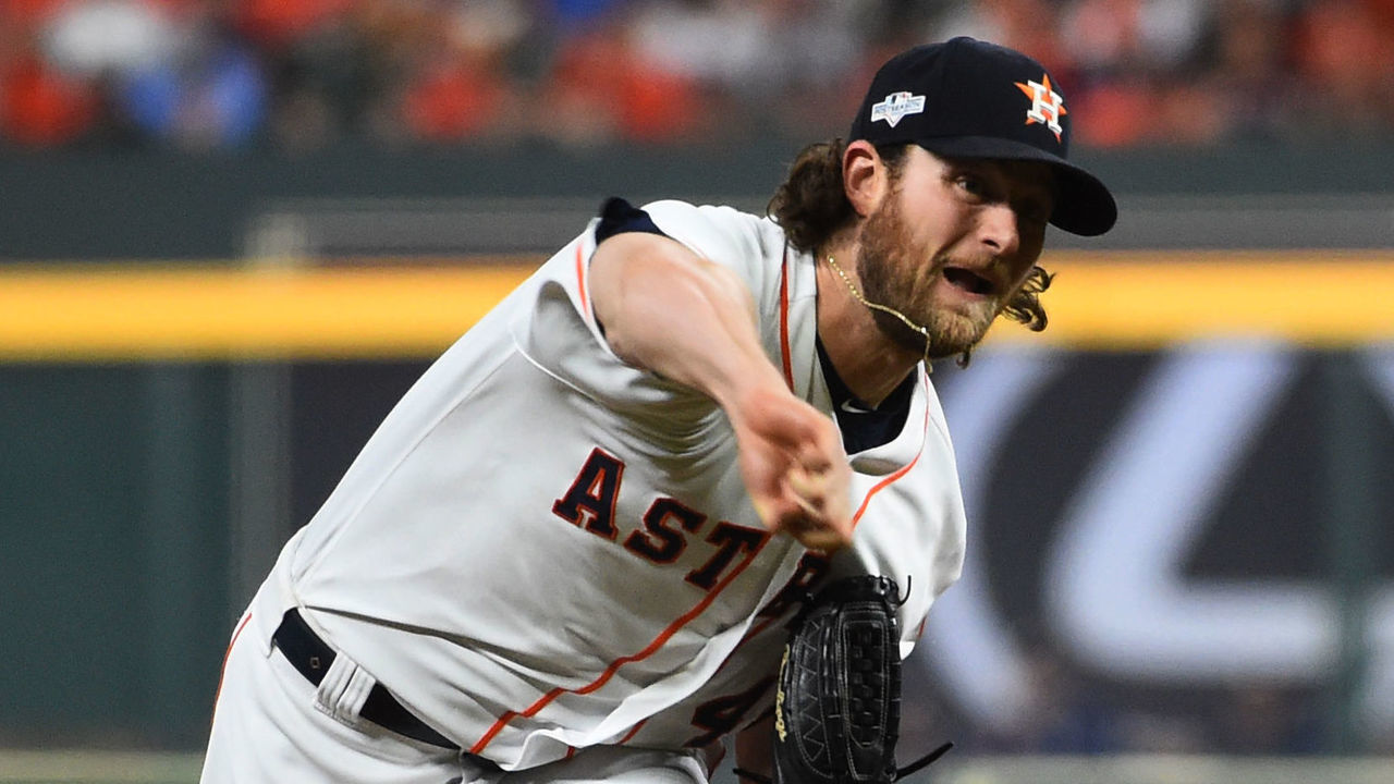 HOUSTON, TX - OCTOBER 05: Gerrit Cole #45 of the Houston Astros pitches during Game 2 of the ALDS between the Tampa Bay Rays and the Houston Astros at Minute Maid Park on Saturday, October 5, 2019 in Houston, Texas.
