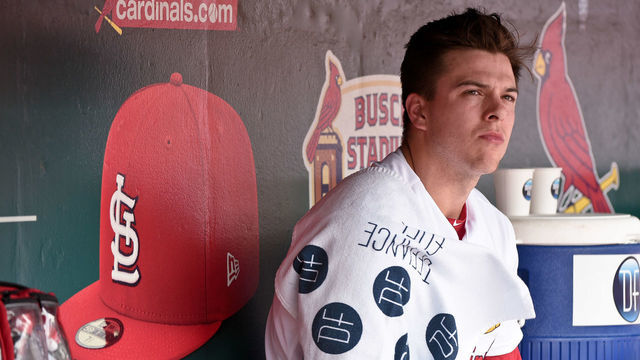 ST. LOUIS, MO - SEPTEMBER 01: St. Louis Cardinals Pitcher Ryan Helsley (56) watches the action on the field during game one of today's double header featuring the Cincinnati Reds at the St. Louis Cardinals on September 01, 2019 at Busch Stadium in St. Louis, MO.