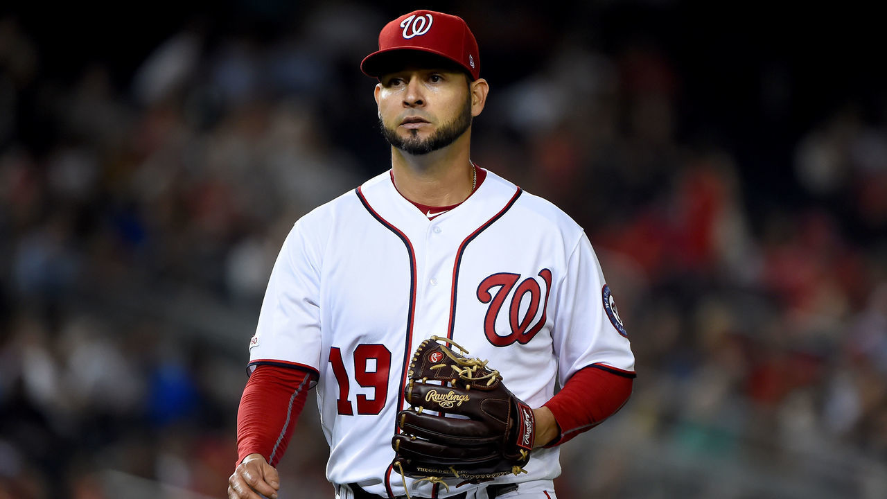 WASHINGTON, DC - SEPTEMBER 25: Anibal Sanchez #19 of the Washington Nationals walks off the field between innings against the Philadelphia Phillies at Nationals Park on September 25, 2019 in Washington, DC.