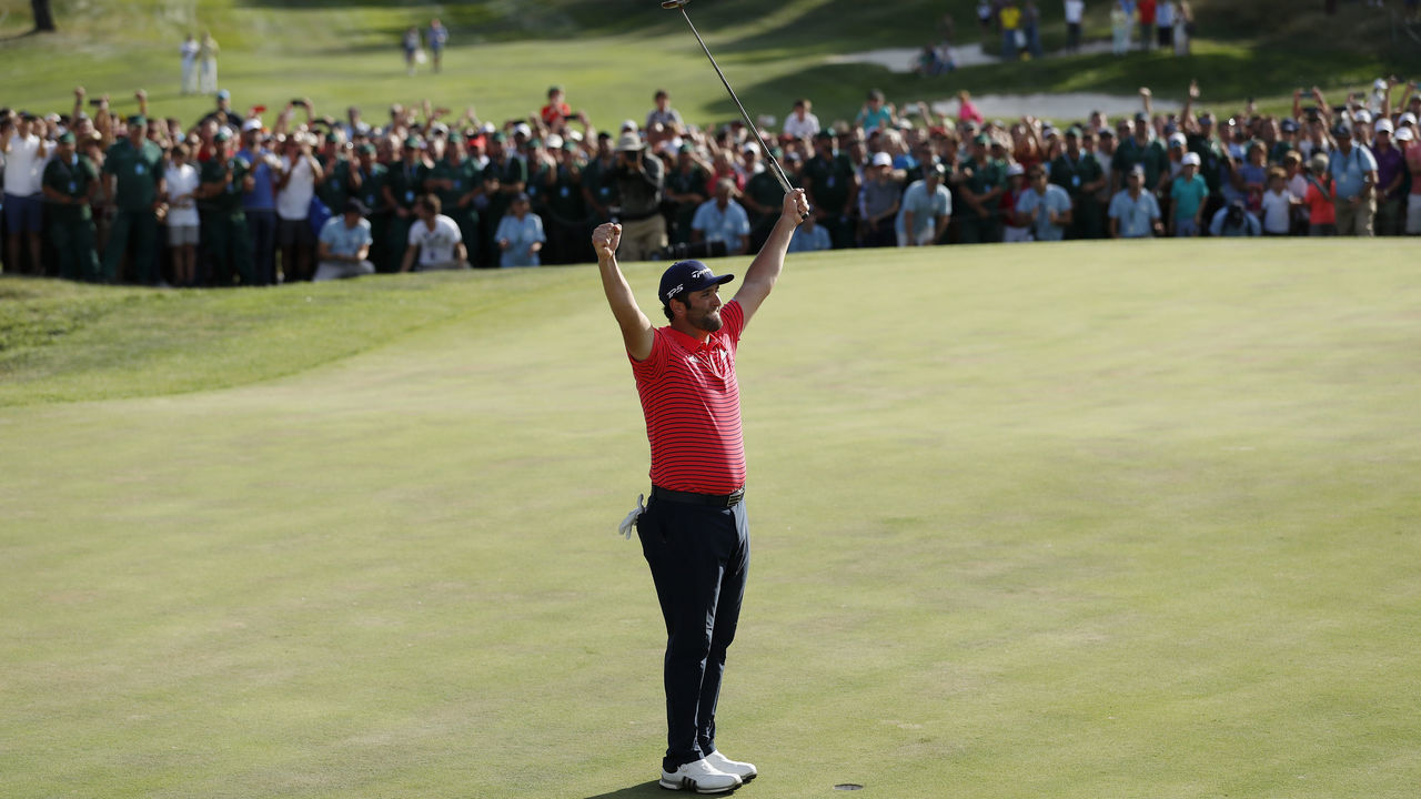 MADRID, SPAIN - OCTOBER 06: Jon Rahm of Spain celebrates winning the Open de Espana during Day four of the Open de Espana at Club de Campo Villa de Madrid on October 06, 2019 in Madrid, Spain.