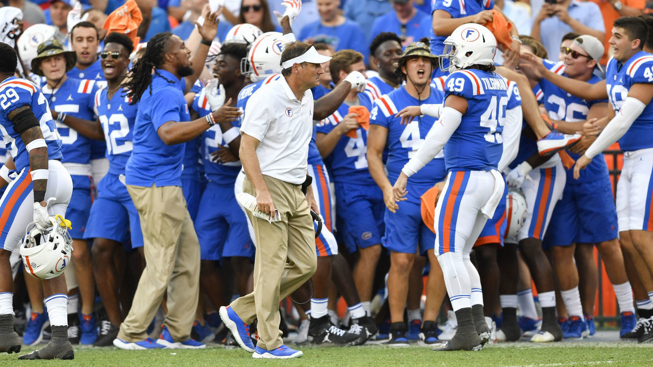 GAINESVILLE, FL - OCTOBER 05: Florida head coach Dan Mullen during the second half of a college football game between the Florida Gators and the Auburn Tigers on October 05, 2019, at Ben Hill Griffin Stadium in Gainesville, FL.