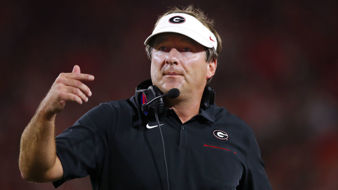 ATHENS, GA - SEPTEMBER 21: Georgia Bulldogs head coach Kirby Smart reacts during the first half of the Notre Dame Fighting Irish v Georgia Bulldogs game on September 21, 2019 at Sanford Stadium in Athens, GA.