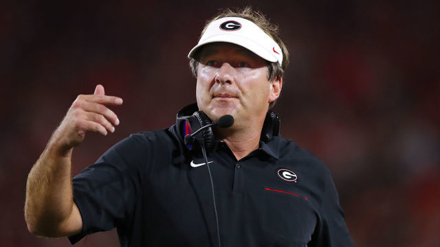 ATHENS, GA - SEPTEMBER 21: Georgia Bulldogs head coach Kirby Smart reacts during the first half of the Notre Dame Fighting Irish v Georgia Bulldogs game on September 21, 2019 at Sanford Stadium in Athens, GA.