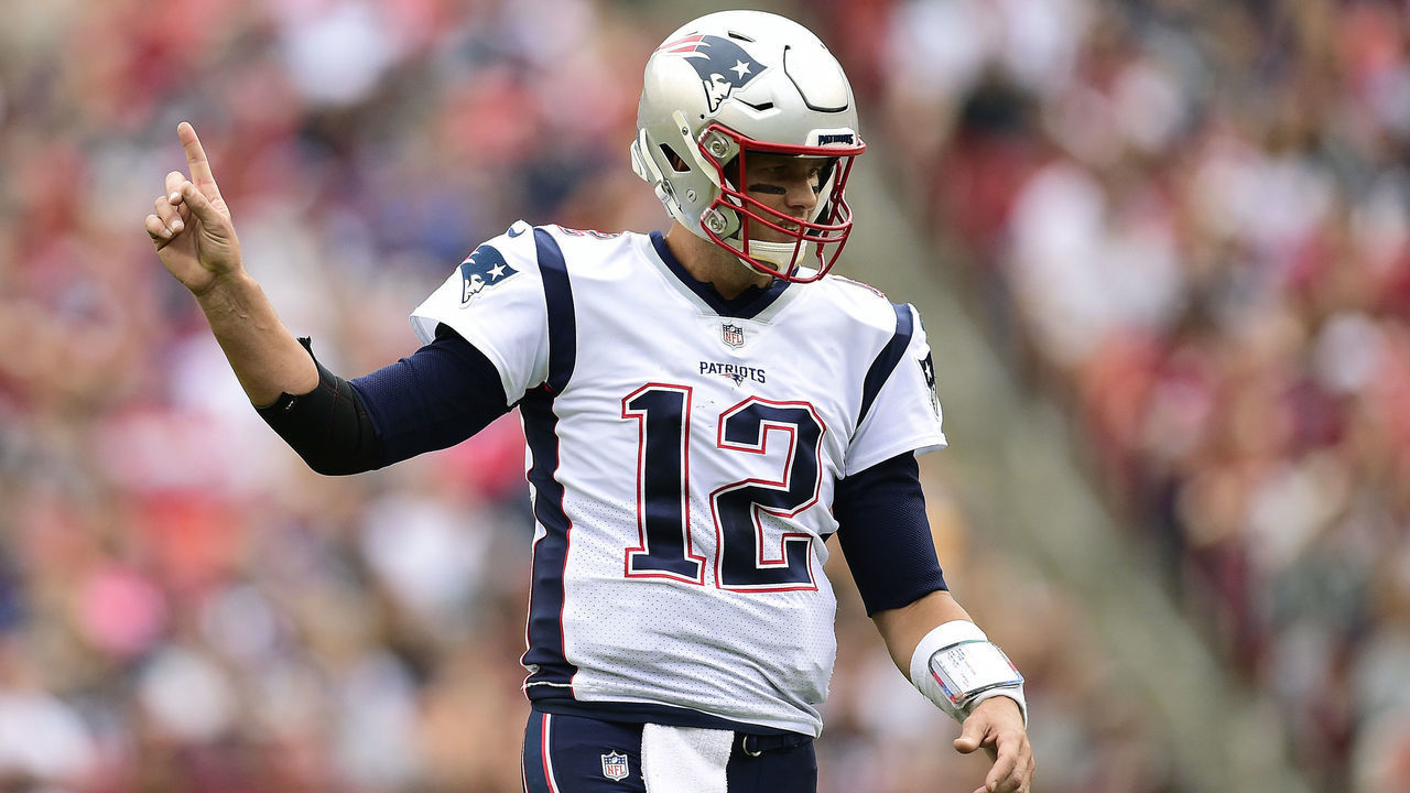 LANDOVER, MARYLAND - OCTOBER 06: Tom Brady #12 of the New England Patriots reacts against the Washington Redskins during the first quarter in the game at FedExField on October 06, 2019 in Landover, Maryland.